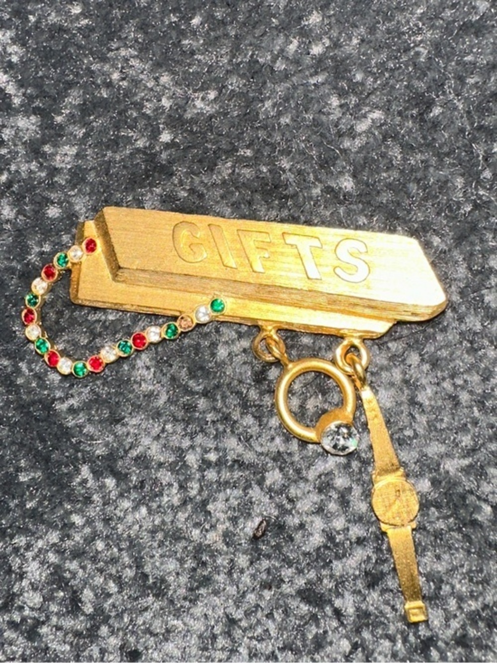 RVP Gold-tone 'GIFTS' Brooch Pin with Festive Rhinestones watch necklace ring